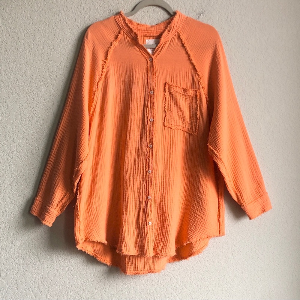 Aerie Pool To Party Tunic Top Long Sleeve Button Front Cotton Gauze Orange